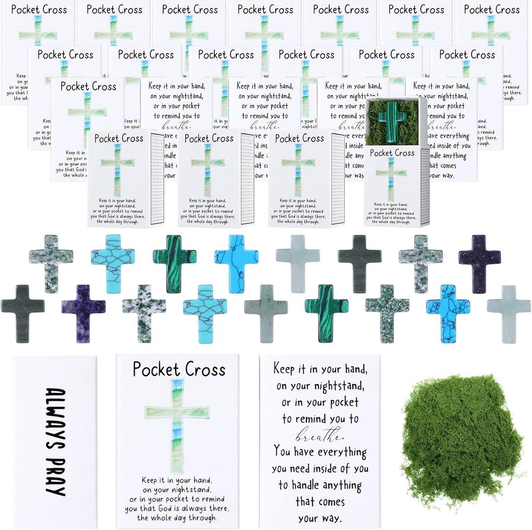 20 Set Pocket Hug Token Gifts Natural Cross Shaped Crystal Stones Pocket Prayer Box Mini Jesus Figurines in Bulk Church Favor for Adults Men