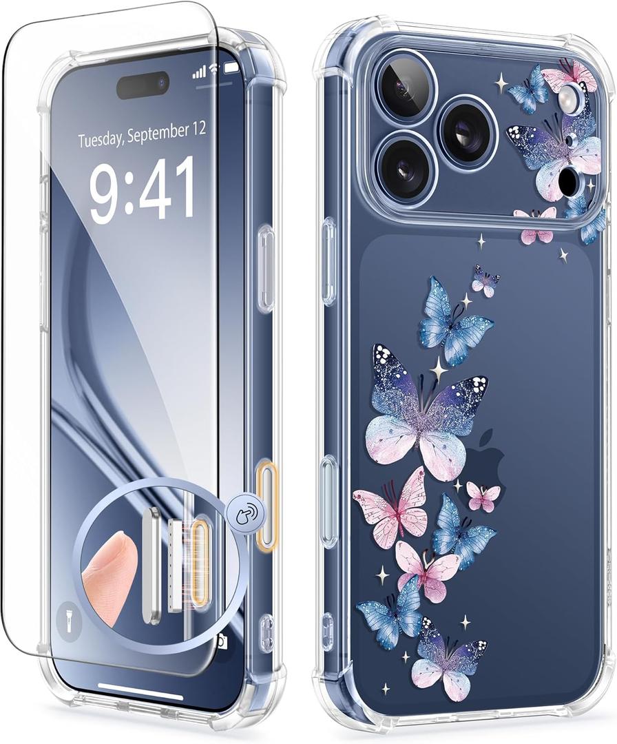 GVIEWIN for iPhone 17 Pro Case with Screen Protector, Upgraded [Full Camera Protection] [Non Yellowing] Floral Slim Shockproof Clear Women Phone Cover for iPhone 17 Pro 6.3" (Colorful Butterfly)