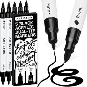 ARTISTRO 5 Black Acrylic Paint Markers - Paint Pens for Drawing, Brush + Fine Tips - For Fabric, Rock, Glass, Wood, DIY - Art & Craft Supplies for Adults, Teens, Kids - Teacher Appreciation Gift