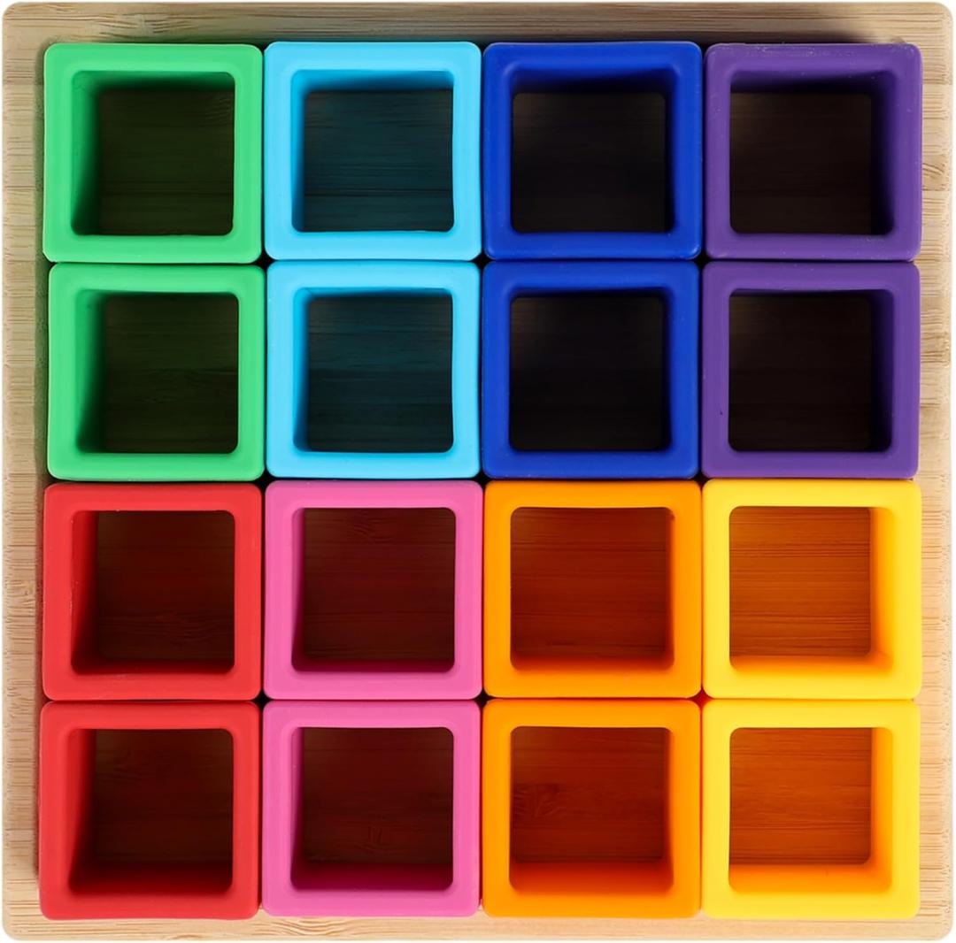 BLUE GINKGO Silicone Rainbow Blocks  [16 PC] Giftable Soft Blocks for Kids, BPA-Free Montessori Stacking Toy with Sorting Tray (Vibrant)