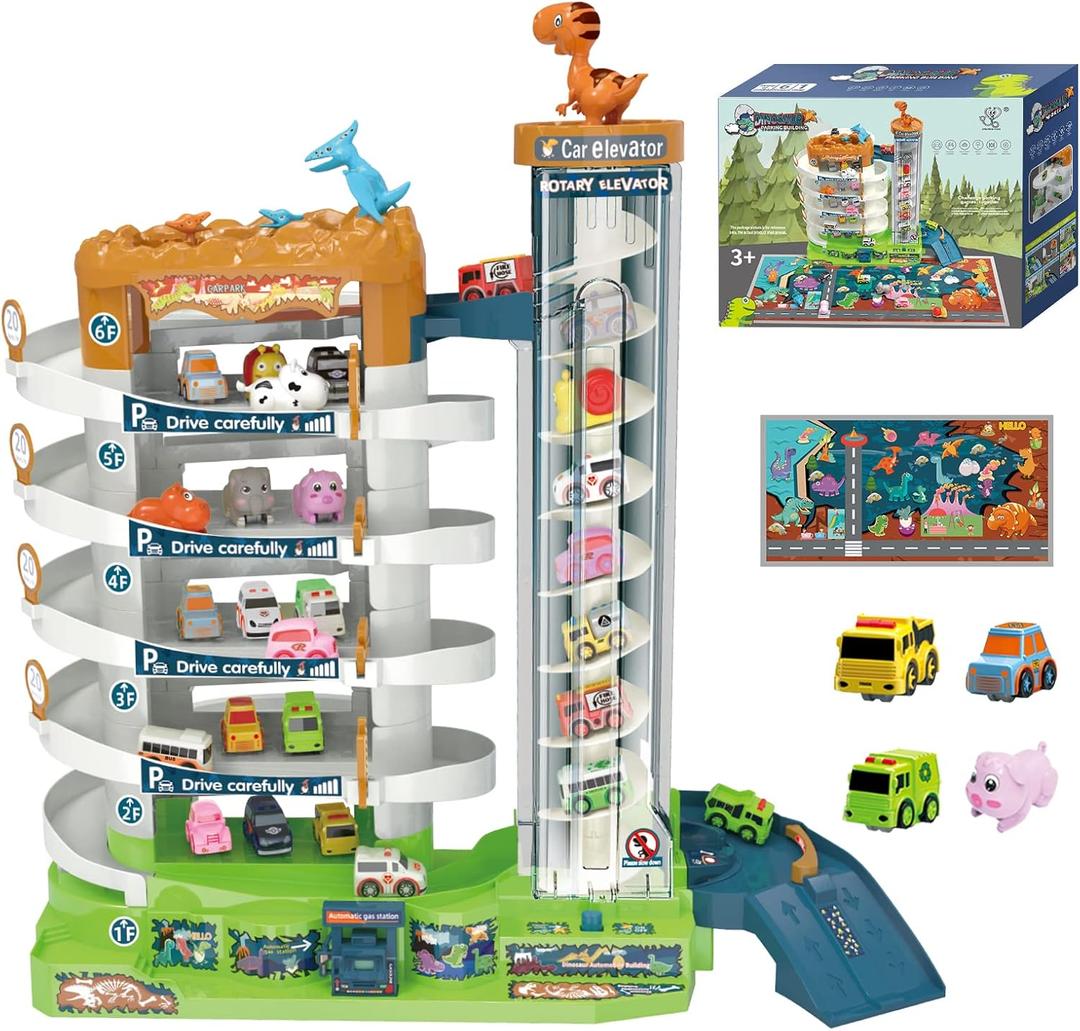 Kids Multi-Level Car Ramp Playset, ABS Plastic Track Set with Mini Cars, Crane & Spiral Tracks, Gift Toy for Boys and Girls Ages 3-6 (Dinosaur Base)