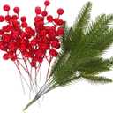 FRCOLOR 20pcs Faux Red Berry Stems and Green Branches Artificial Holly Berry Picks for Christmas Holiday Decor and DIY Craft Arrangements