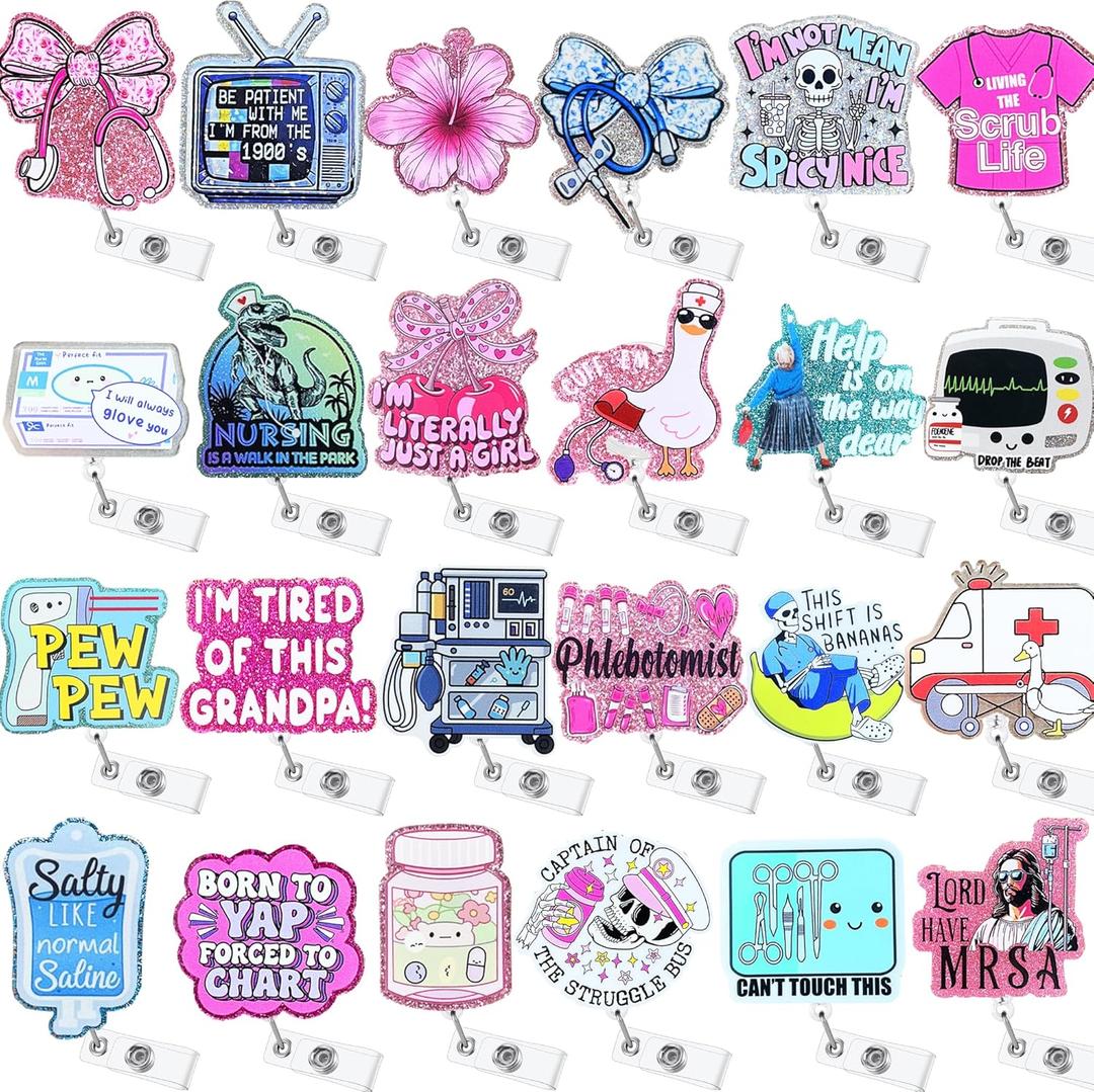 24 PCS Nurse Badge Reels Bulk Funny Badge Holders Retractable Clip Cute Nursing Medical Asssitants RN LPN CNA Nurses Week Gift Accessories for Work