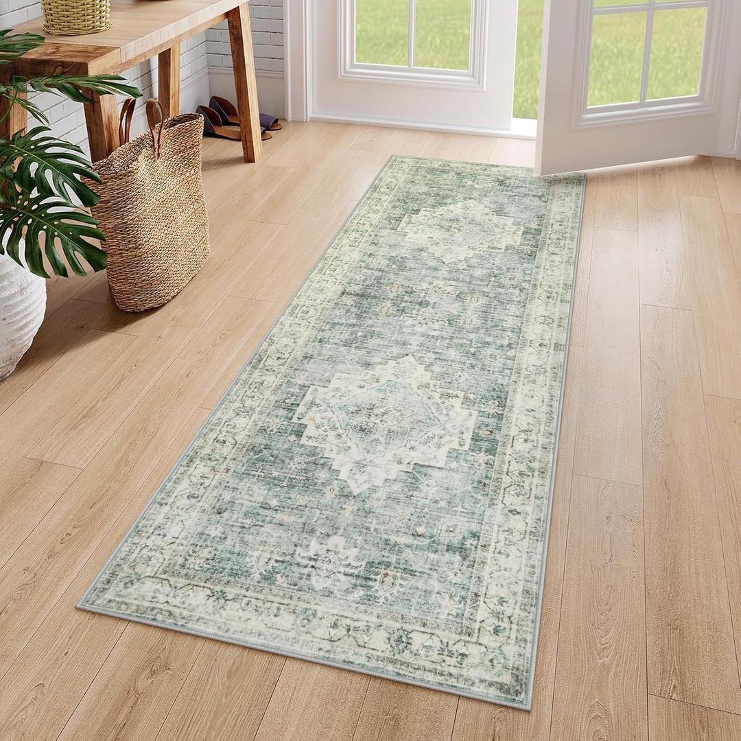 LIVEBOX Washable Rug 2x4 Kitchen Mats for Floor Entryway, Non Slip Front Door Mat for Bathroom Hallway, Boho Low-Pile Small Carpet Farmhouse Indoor Runner Rugs for Bath, Sage Green