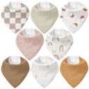 Muslin Baby Bibs 8 Pack, Baby Bandana Drool Bib for Drooling and Teething, Cotton Soft Absorbent for Girls Boys Good Night (Brown Rainbow)
