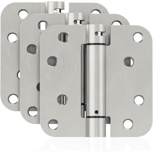 JOYNY 3 Pack Self Closing Door Hinges, 4 Inch Spring Loaded Door Hinges for Garage, Front, Back Door, Left/ Right Hand, Adjustable Tension, 5/ 8'' Radius Corners, UL Listed, Brushed Nickel