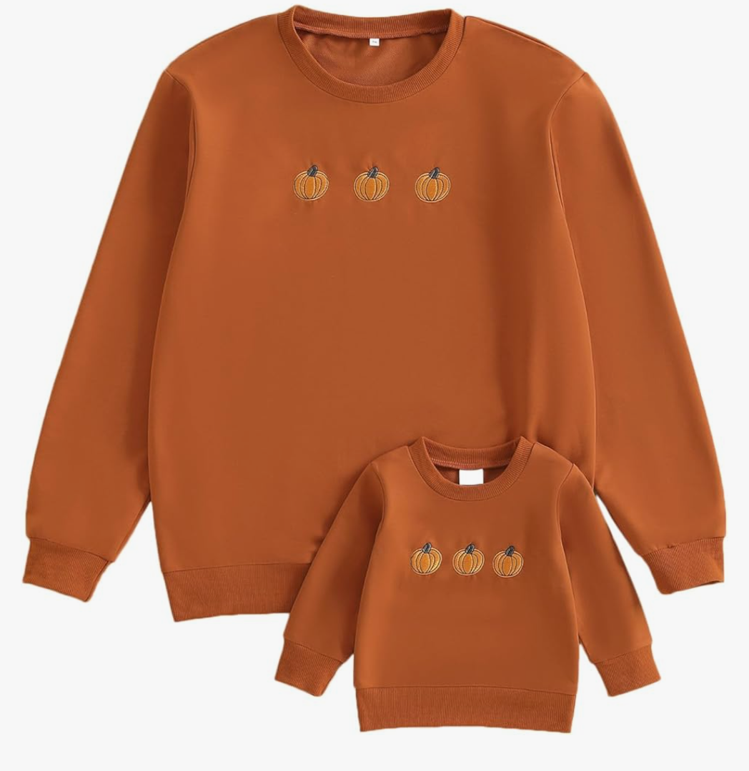 Halloween Mommy and Me Outfit Pumpkin Embroidered Long Sleeve Crewneck Sweatshirts Pullover Top, L