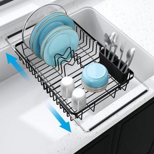 Expandable Stainless Steel Dish Drying Rack Over The Sink For Small Kitchen, Counter Space Saving Compact Black Metal Plate Drain Strainer, Adjustable Hanging In Sink Rust Proof Wire Dryer Holder