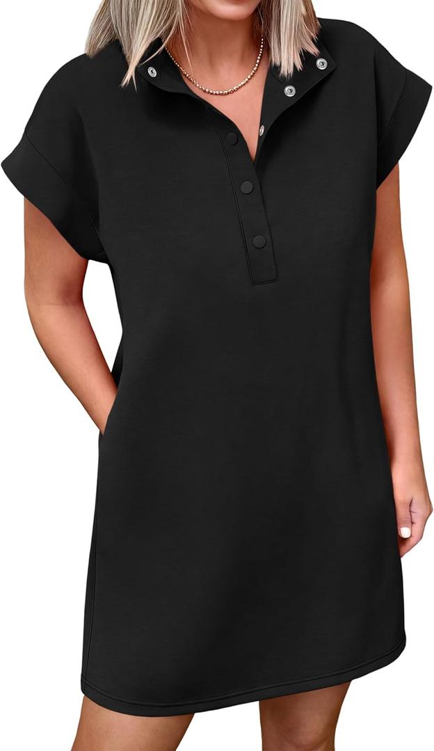 ANRABESS Women Summer Shirt Dress Casual Short Sleeve Henley Neck Mini Shift Tunic Dresses 2026 Beach Vacation Cruise Clothes (Medium, Black)