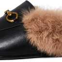 Vertundy Fur Mules with Metal Buckle Slip On Flats for Women Backless Sandals Dress Shoes Work Slides, Size 10