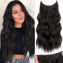 KooKaStyle Invisible Wire Hair Extensions with Transparent Wire Adjustable Size 4 Secure Clips Long Wavy Secret Synthetic Hairpiece 20 Inch 120g Rich Dark Brown with Warm Tones for Women