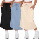 Halfchet 3 Pack Girls Midi Skirt Casual Drawstring | Knee Length, High Waist, Back Slit, with Pockets, Teen Girls Long Skirts, Summer, School, Adjustable, Breathable, Lightweight