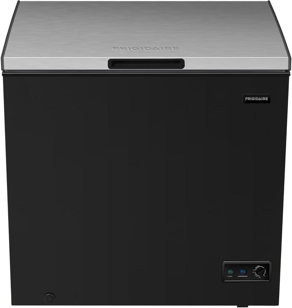 FRIGIDAIRE Chest Deep Freezer, 7 Cu. Ft, Black Adjustable Thermostat-Removable Vinyl Coated Wire Basket-Easy Defrost Drain, Eye-Catching Stainless Steel Top Door- Garage Ready