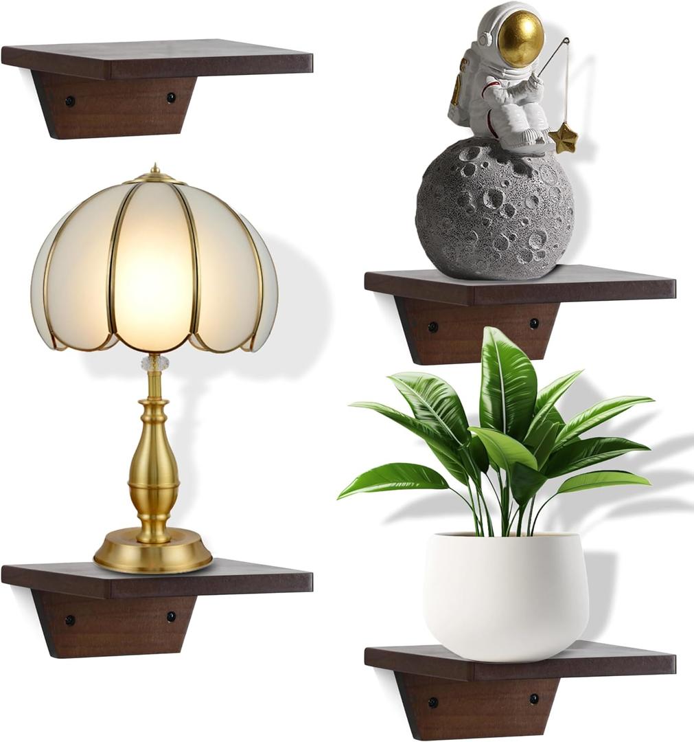 PHOENANCEE Small Floating Shelves,Speaker Shelf,Trapezoid Wall Shelf for Table Lamp Plants Display,Decorative Wood Ledges Chic for Living Room,Bedroom,Kitchen,Office,Pine,8x6 Inch,4 Pack(Walnut)