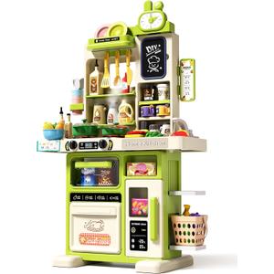 33.8IN - 70PCS Kids Kitchen Playset with Sound & Light - Cooking Stove with Steam, Play Sink and Toy Kitchen Accessories - Pretend Kitchen Play Food Toys for Kids Boys Girls - Toddler Play Kitchen Set (Green)