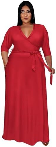 Runwind Plus Size Dress for Women - 3/4 Sleeve V Neck Maxi Dresses for Women （XL)