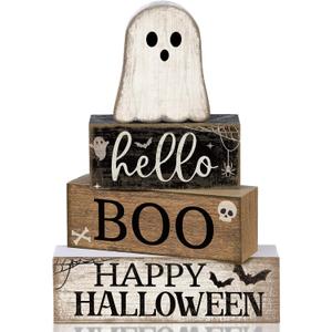 4 Pcs Halloween Table Decoration Wooden Ghost Tiered Tray Decor Rustic Wood Surprised Ghost Block Signs Halloween Centerpiece Farmhouse for Home Tabletop Kitchen Shelf and Party Gift