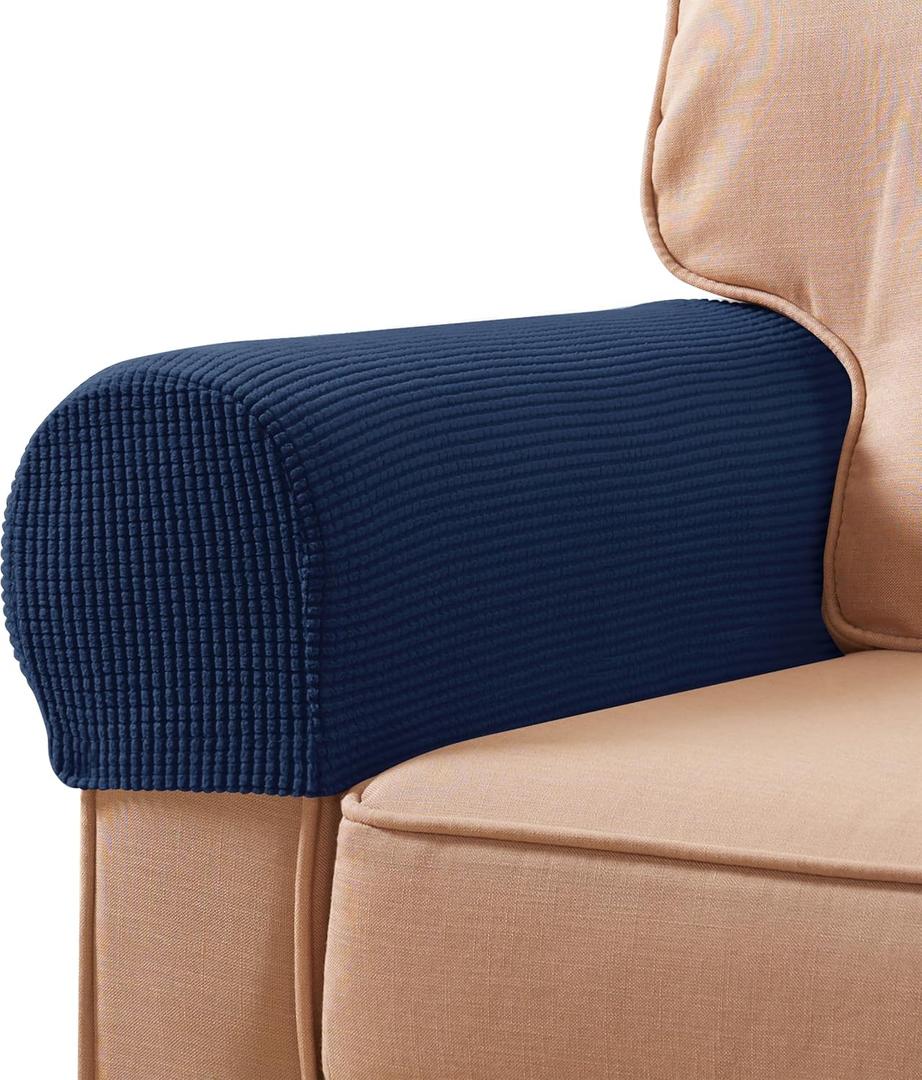 SUBRTEX Stretch Couch Arm Covers Set of 2, Checkered Sofa Arm Slipcovers, Anti-Slip Armrest Covers for Recliner and Armchairs, Pet Proof, High Stretchy, Hook & Loop Tape, Navy