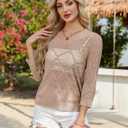 HUSKARY Beach Vacation Clothes for Women 2026 Trendy Spring Summer V Neck Casual 3/4 Sleeve Off Shoulder Crochet Cover Up Top (Beige, XL)