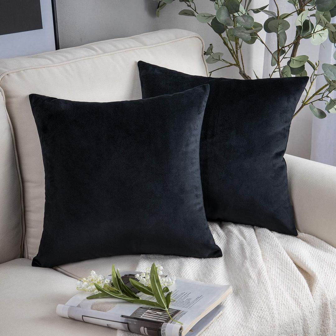 Phantoscope Pack of 2 Velvet Decorative Throw Decorative Pillow Cover Soft Solid Square Cushion Case for Couch Black 18 x 18 inches 45 x 45 cm