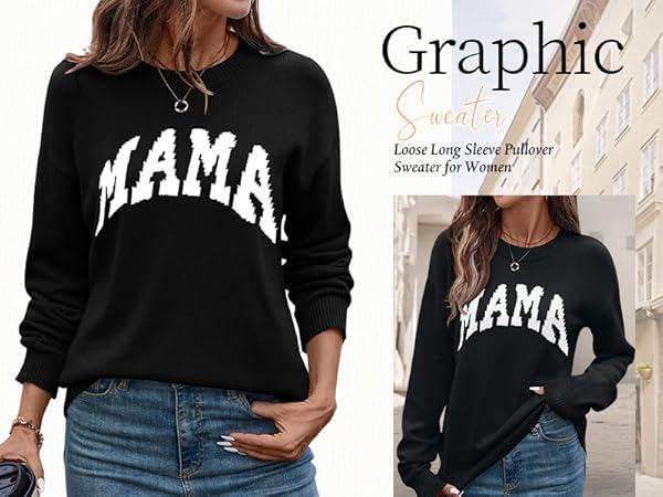 IECCP Womens Fashion Fall Mama Pullover Sweaters Long Sleeve Crewneck Knit Tops Casual Trendy Mothers Day for Mom Winter 2024 Black XL