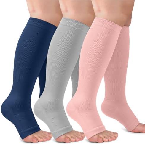 3 Pack Copper Compression Socks for Women & Men, 20-30mmHg Open Toe Knee High Stockings for Circulation Support Size 2XL
