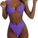 geluboao Bikini Set for Women Solid V Neck Knot Front Push Up High Leg Thong Two Piece Swimsuit (Small, Dark Purple)
