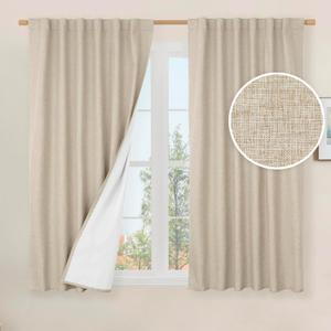 LAMIT 100% Blackout Window Curtains for Bedroom, 45 Inches Linen Textured Thermal Farmhouse Curtains Back Tab and Rod Pocket Window Panels with White Liner, 2 Panels, 52 x 45 Inch, Linen