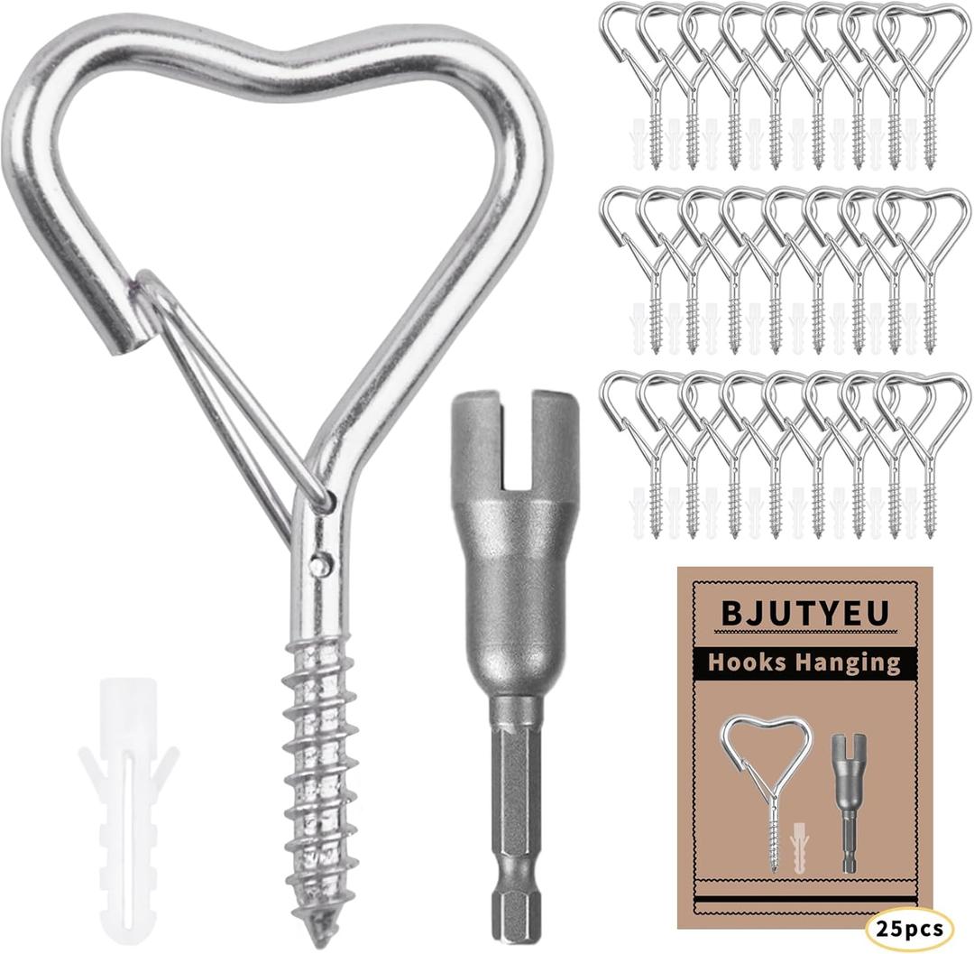 25 Pack Heart Shaped Screw Hooks for Hanging, 2.36 Inch Metal Ceiling Hooks for Outdoor String Lights, Plants, Keys and Decorations, Hanging Hooks for Indoor and Outdoor Use (Silver)