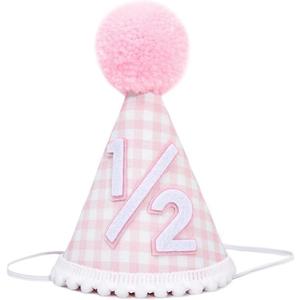 1/2 Birthday Hat for girls - Pink Half Birthday Crown, 1/2 Bday Party Decoration, Pink Gingham Style Bday Hat