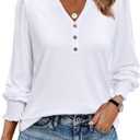 Uhiger Womens Tunic Tops Dressy Casual Long Sleeve Henley V Neck Shirts for Women Button Up Blouse (White, XL)