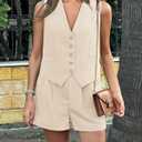 2 x PRETTYGARDEN Women Summer 2 Piece Outfits V Neck Sleeveless Button Down Vest Shorts Sets Business Work Matching Set 2026 (Beige, XXL)