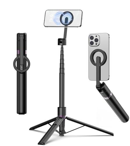 TONEOF 68" Magnetic Selfie Stick Tripod with Aluminum Strong Magnetic Holder for Magsafe, 360° Rotatable Travel Phone Tripod Stand with Metal Ring & Rechargeable Remote for iPhone/Android（Black）