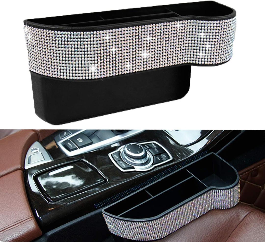 Bling Car Seat Side Drop Organizer, Sparkle Car Seat Gap Filler, Car Seat Console Storage Organizer, Bling Crystal Car Seat Pockets with Cup Holder and Two Charging Ports for Co-Driver.