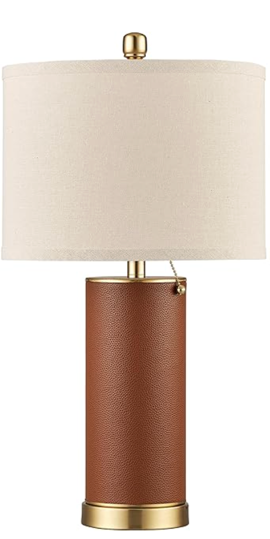 Brown PU Leather Table Lamps for Living Room Modern Home Decor Fabric Lampshade Desk Lamp Lighitng for Bedroom, Bedside, Farmhouse, Nightstand, Night Light