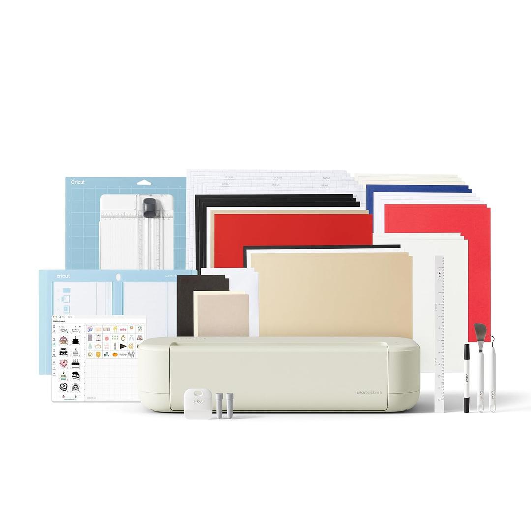 Cricut Explore 5 Essential Bundle + Digital Content, Taupe - Precise Cutting Machine - Works with 100+ Materials - Sleek, Simplified Design - Includes Supplies for 65 Projects + Bonus Digital Content