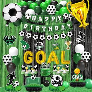 Soccer birthday Party Decorations, Soccer Birthday Party Supplies Kit, Include Sport Themed Birthday banner, Foil Fringe, Hanging Swirls, Soccer Balloons, Cake & Cupcake Toppers