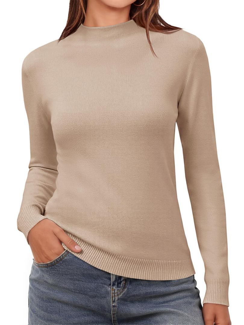 Saodimallsu Womens Mock Neck Sweater Tops Long Sleeve Fitted Sweaters Casual Basic Soft Knit Pullover Shirts (Large, Khaki)