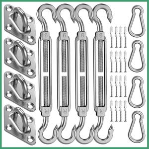 Sun Shade Sail Hardware Kit: 6 Inch Stainless Steel Sun Sail Hardware Kit for Triangle & Rectangle Shade Sail Canopy Installation, 44 Pcs Sunshade Hardware for Sun Shades Outdoor Patio Garden Backyard (Silver)