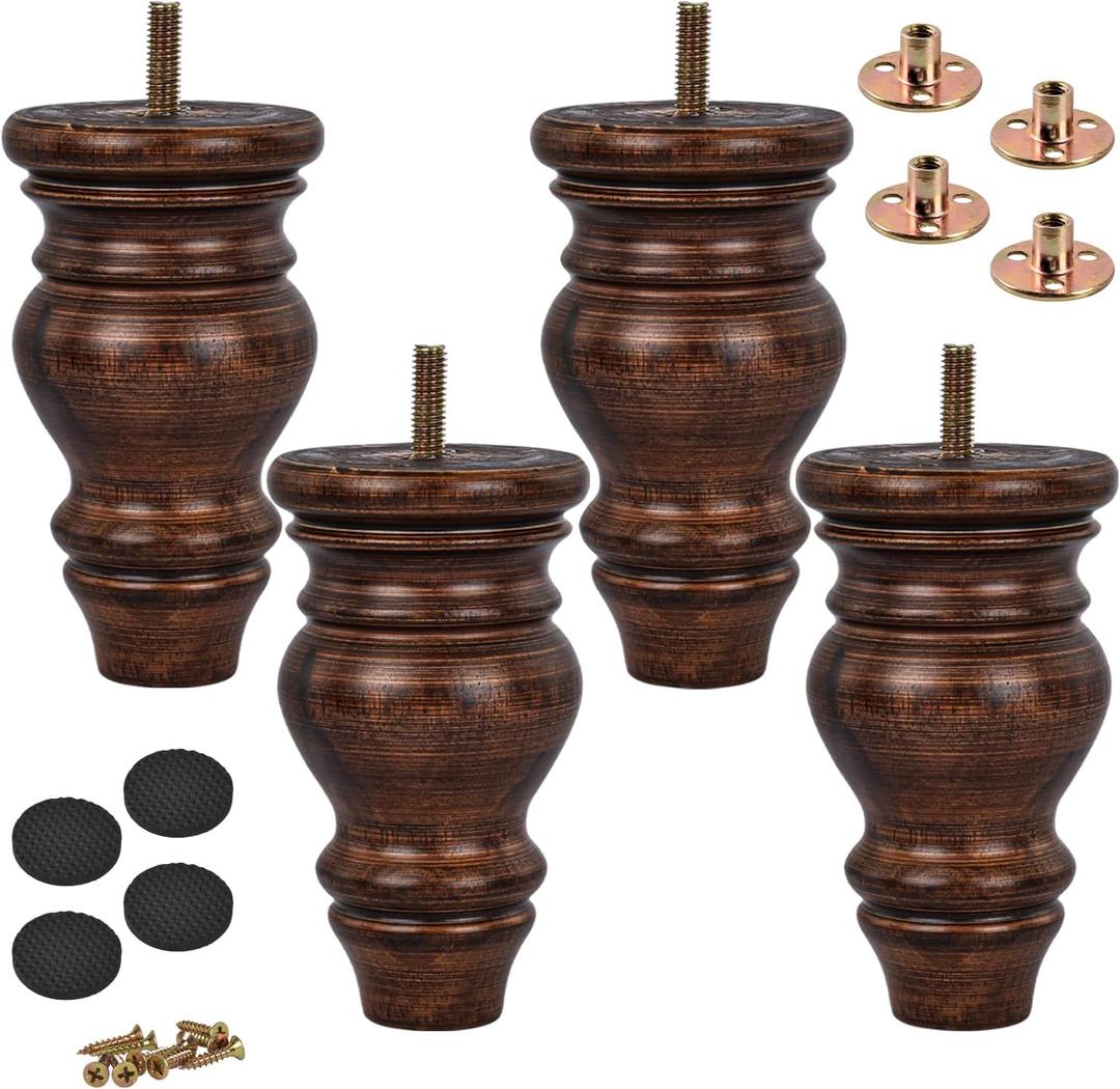 5 inch / 12cm Wooden Furniture Legs, Pack of 4 Glaze Solid Wood Turned DIY Replacement Bun Feet with M8 Hanger Bolts & T-Nuts or Sofa Couch Cabinet Recliner Ottoman Riser