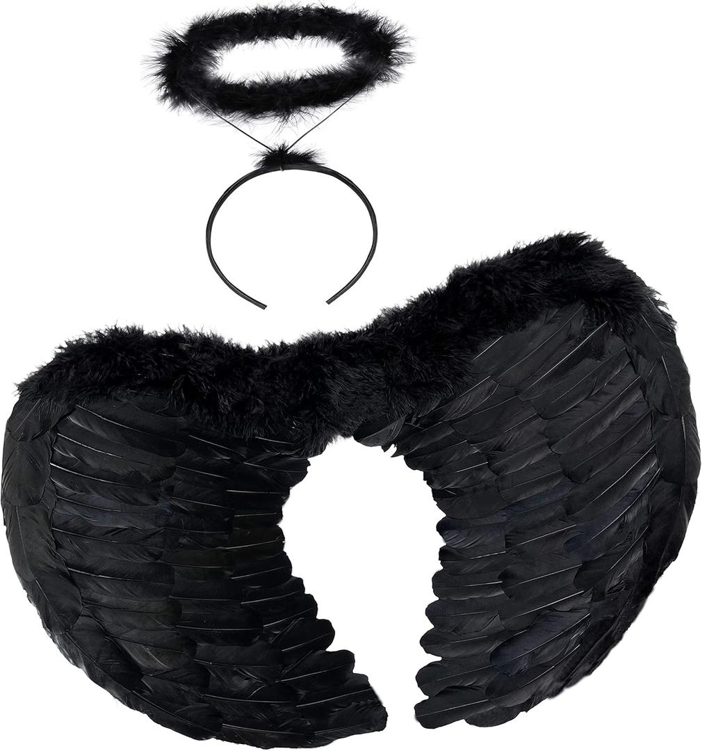 Black Angel Costume Wings and Halo Angel Costume for Women Girls Kids Halloween Christmas (Black)