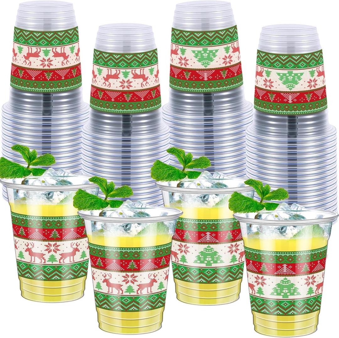 Honeydak 50 Pcs Christmas Cups 12 oz Ugly Sweater Plastic Cups Clear Snowflake Disposable Glasses Xmas Theme Drinking Glasses for Home Xmas Winter Holiday Party Favors Kitchen Supplies Decoration
