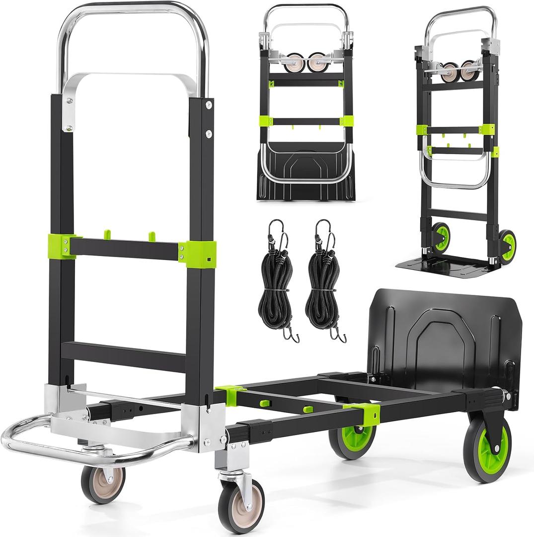 3-in-1 Convertible Heavy Duty Folding Hand Truck Dolly, 600LB Capacity with Rubber& Wheels Telescoping Handles, Portable Collapsible Cart for Warehouse, Supermarket, Office (Green)