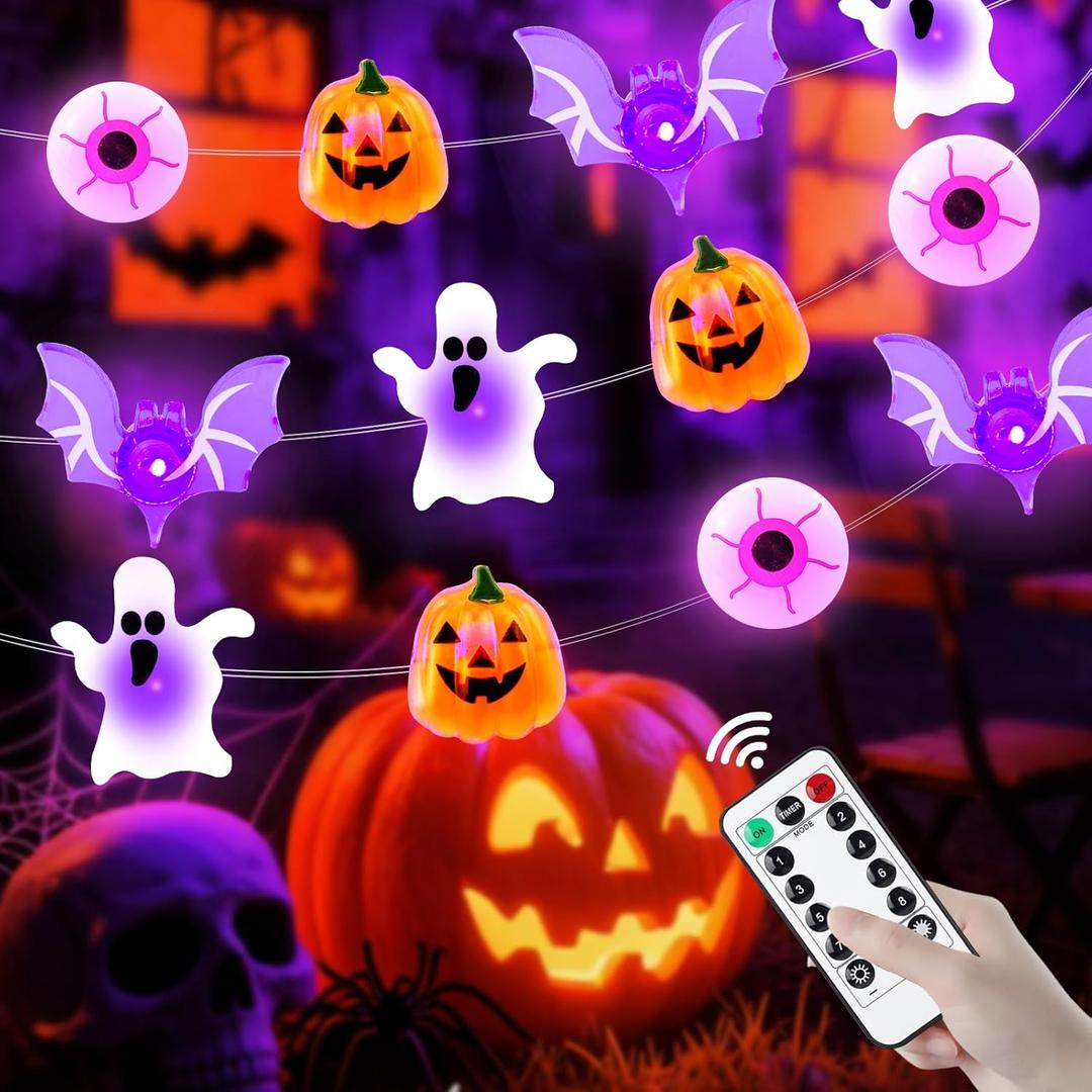 ZGWJ Halloween String Lights Battery Powered with Timer, 1 Pack Bat-Eyeball-Ghost-Pumpkin 50LED 16FT Twinkle String Lights 8 Modes for Bedroom,Halloween Parties Decoration Indoor and Outdoor