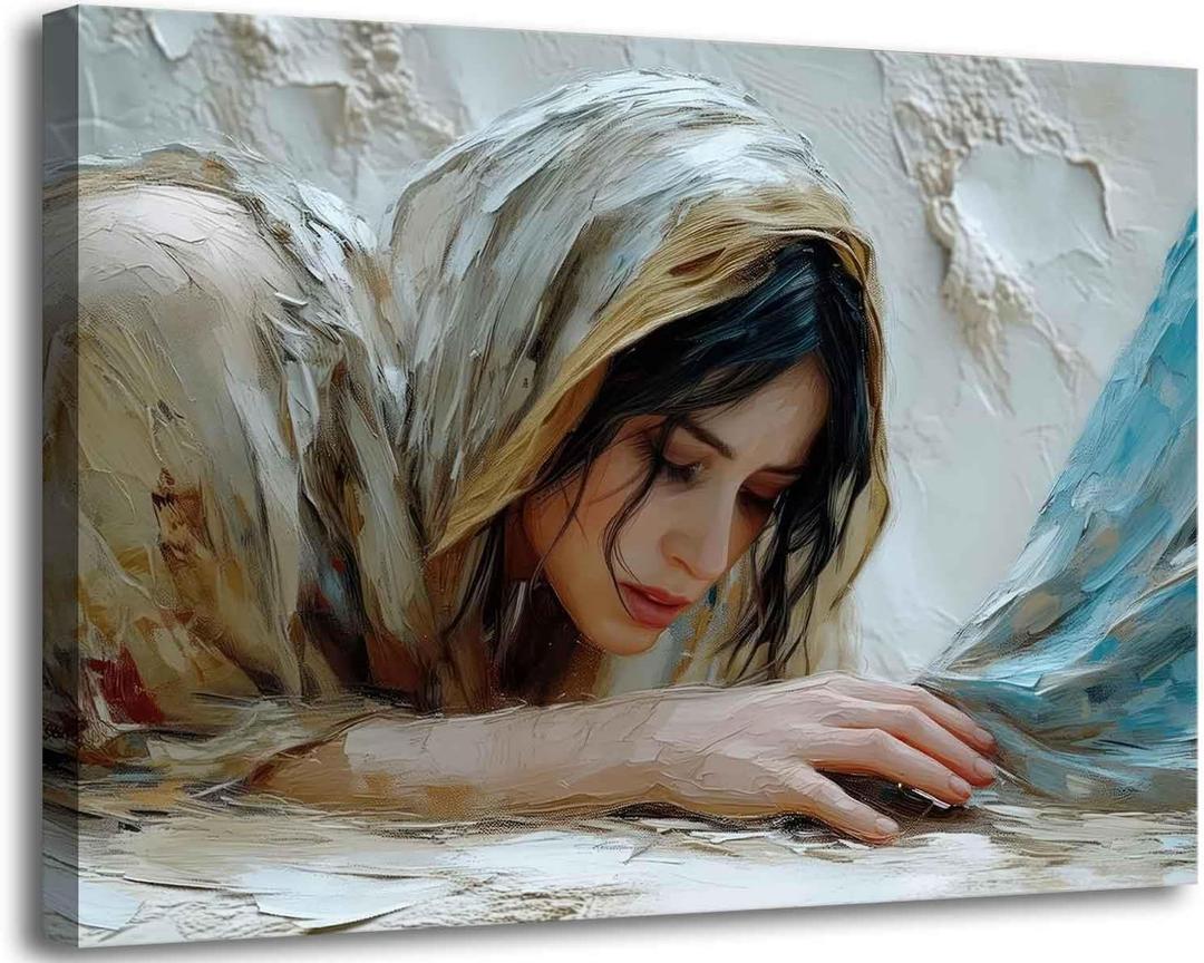 LCZDXGR Framed Christian Girl Wall Art Jesus and Woman Picture Healing Painting Christian Poster Print Artwork for Living Room Bedroom Church Home Wall Decoration 12x16in (16L" x 12W", Canvas)
