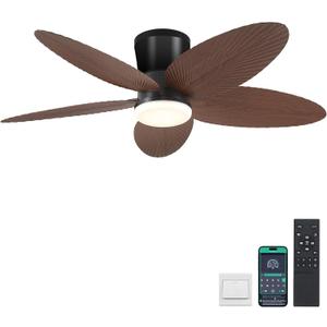 Surtime Palm Leaf Ceiling Fans with Lights-42 Tropical Ceiling Fan with Light and Remote/ APP Control, Flush Mount Low Profile Ceiling Fans for Bedroom, Indoor/ Outdoor Patio Use(Brown)