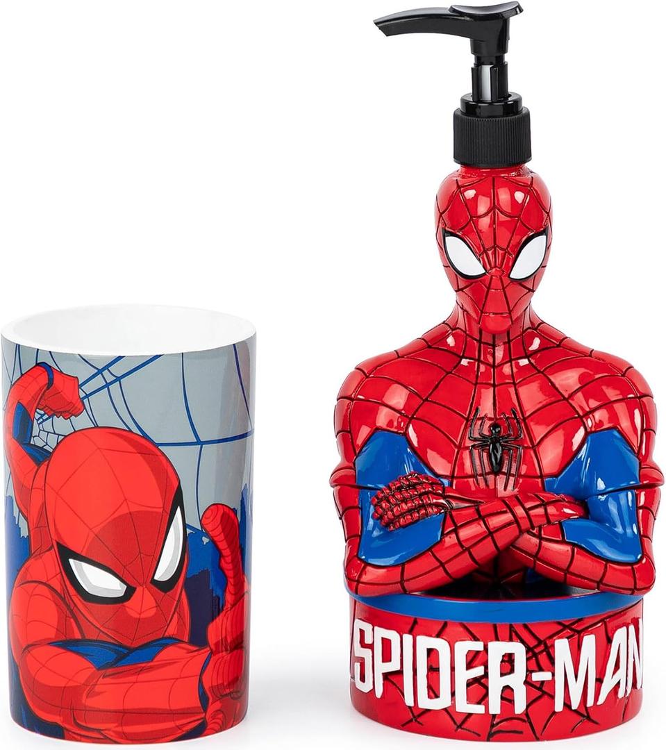 Jay Franco Marvel Spiderman 2 Piece Set - Red & Blue Soap Dispenser & Tumbler Set - Kids Resin Superhero Bathroom Accessories