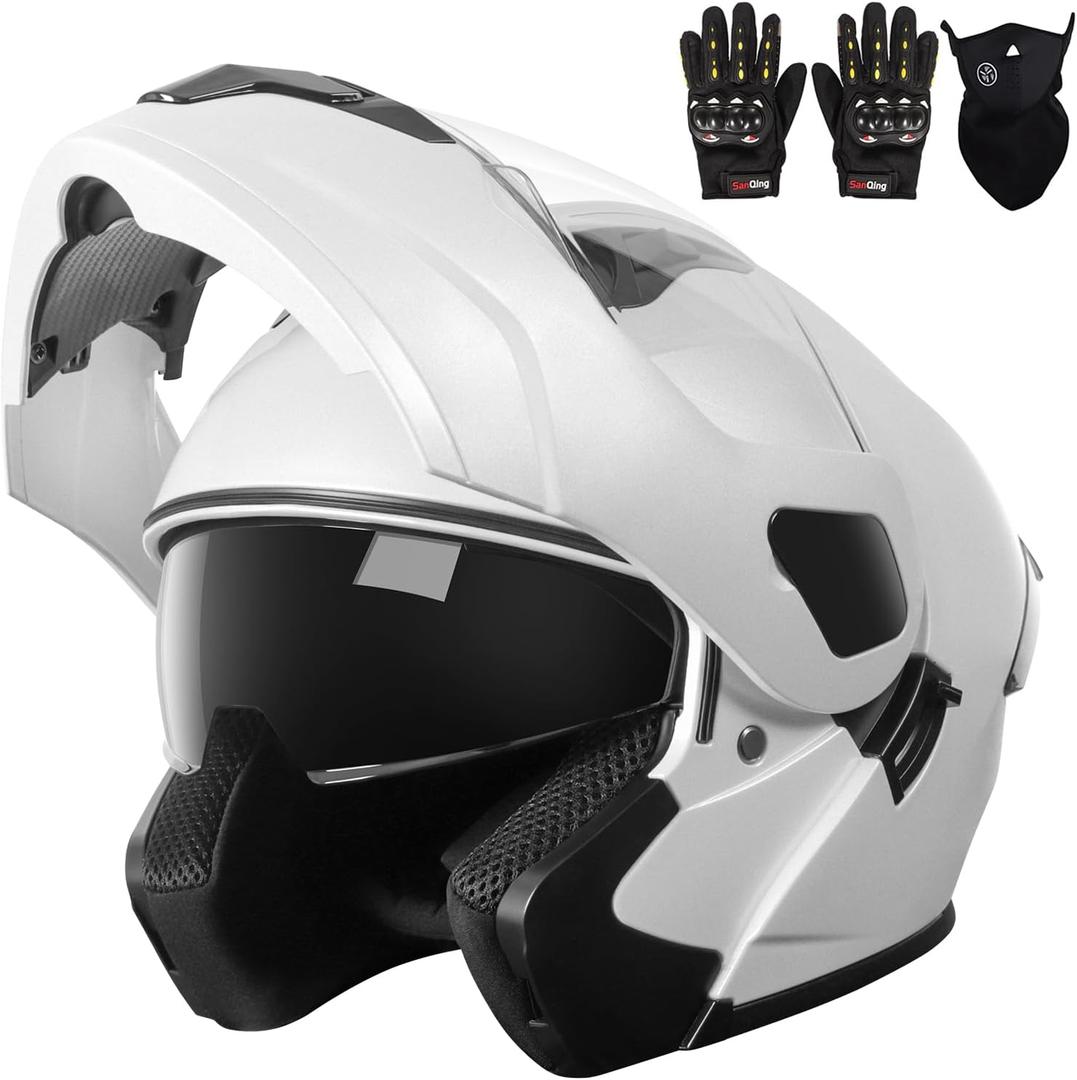 Adult Modular Motorcycle Helmets, DOT Approved Flip up Dual Visor Full Face Helmet for Men Women Moto ATV UTV Snowmobile ADV Four Wheeler Street Bike with Gloves & Mask (White, XL)