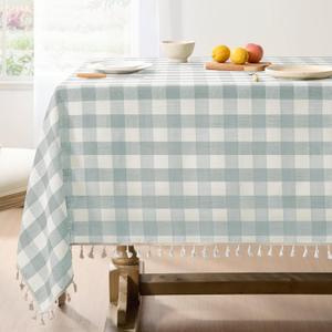 Softalker Checkered Tablecloth Rectangle, Outdoor Linen Cotton Gingham Table Cloth with Tassel, Heavy Duty Wrinkle Free Buffalo Plaid Table Cover for Kitchen Dining Summer Party - 55 x 84 Inch, Aqua