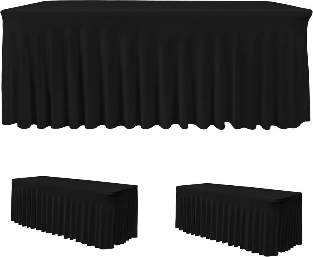 HolidayIdeas 2 Pack Spandex Table Skirt for 6 Ft Rectangle Tables, Black Fitted Stretch Tablecloth 30 x 72 Inch, Wrinkle Resistant Ruffle Design for Wedding Banquets, Trade Shows, Parties